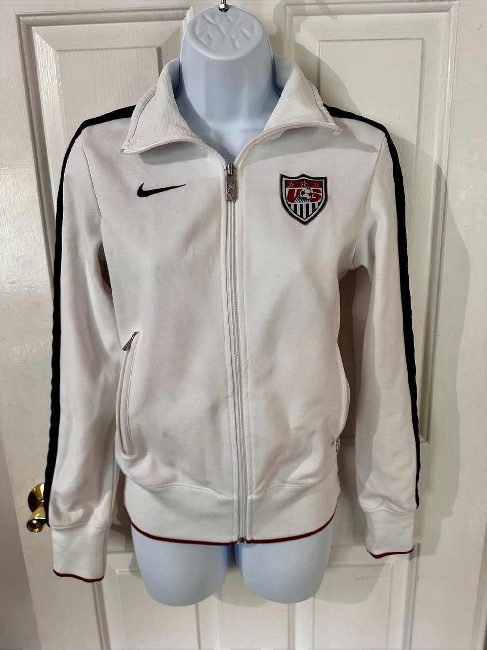 Nike White USA Soccer Bomber Jacket with Navy Blue Stripes